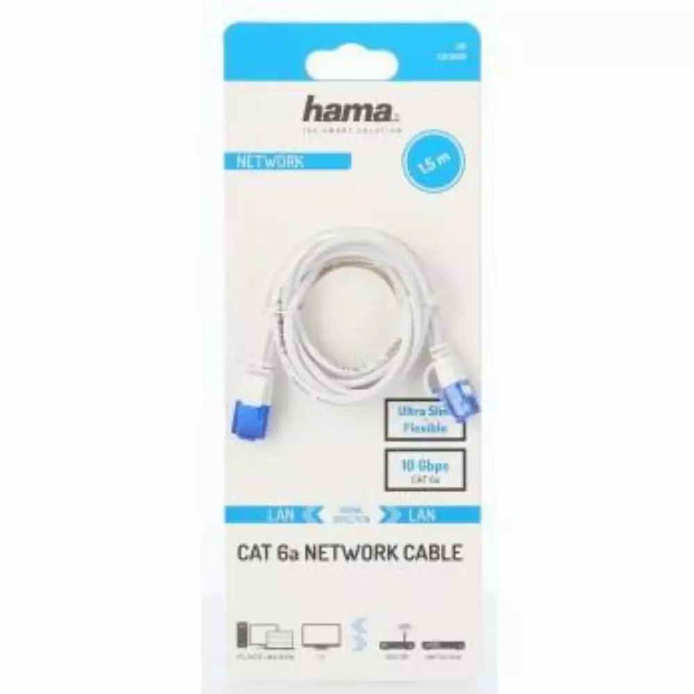 Мрежов кабел HAMA Flexi-Slim, U/UTP CAT 6a, 10 Gbit/s, RJ-45 - RJ45, 1.50 m, Бял