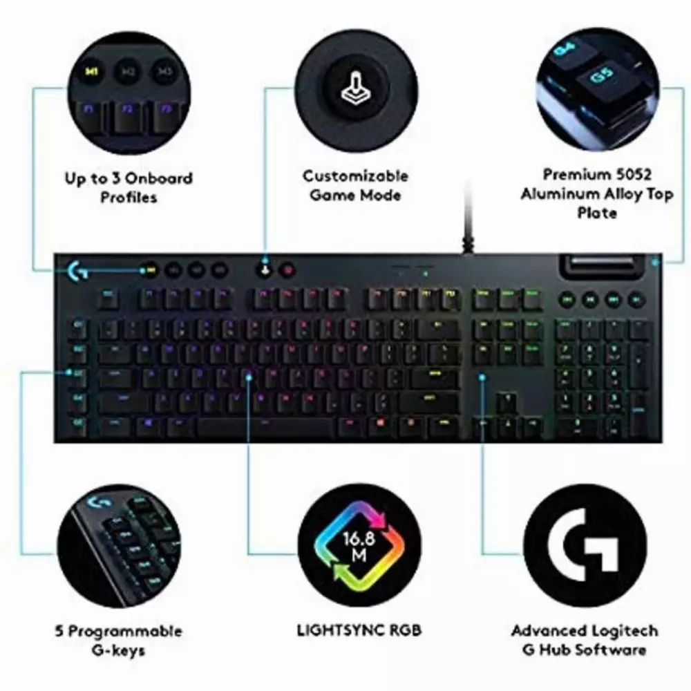 Геймърска механична клавиатура Logitech, G815 Lightsync RGB, Clicky суичове, US Layout