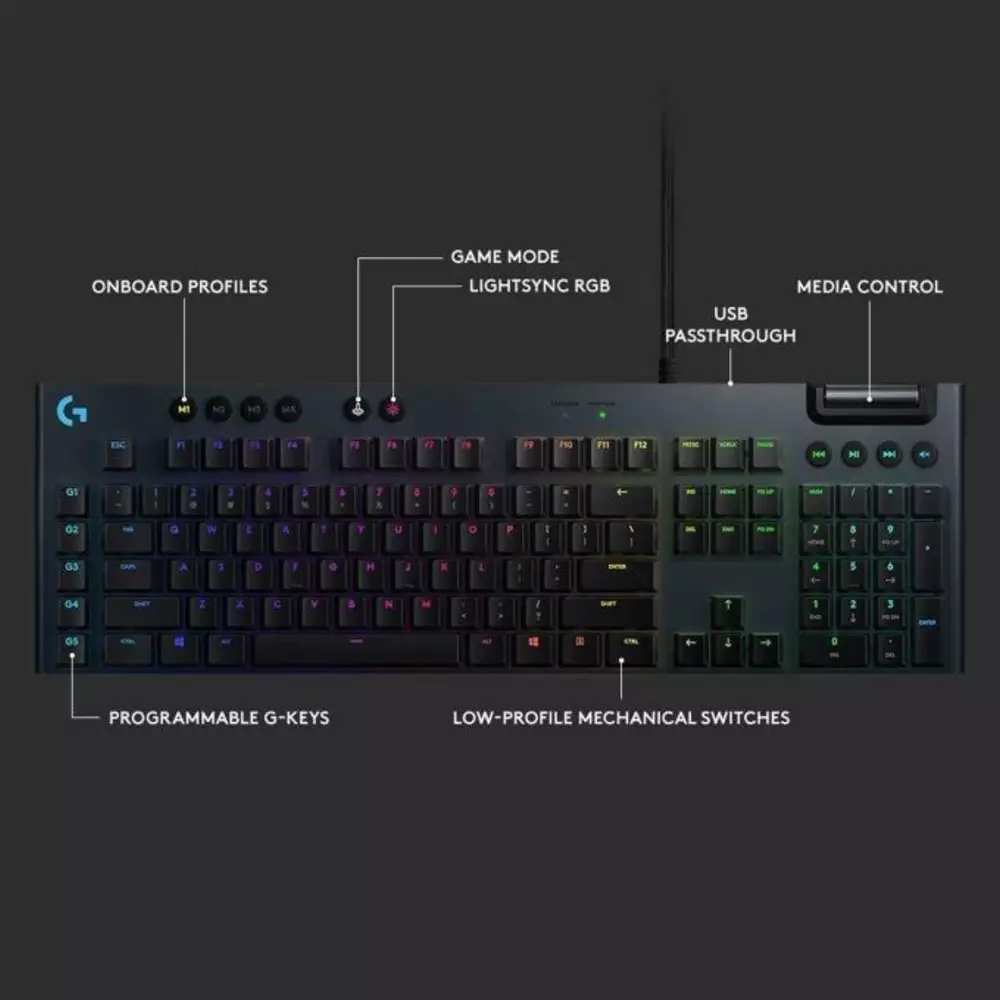 Геймърска механична клавиатура Logitech, G815 Lightsync RGB, Clicky суичове, US Layout