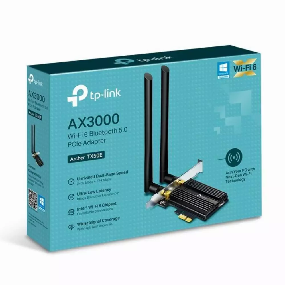 Безжичен адаптер TP-LINK Archer TX50E, AX3000 2.4/5Ghz, 574 - 2054 Mbps, PCIe, Bluetooth 4.2, Две външни антени