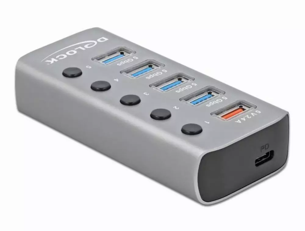 USB хъб Type-C Delock 42638, 4 x USB-A, 1 Fast Charging Port, 1 x USB-B, 1 x USB-C PD, Подсветка, Сив