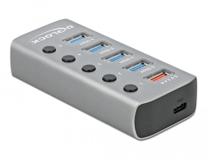 USB хъб Type-C Delock 42638, 4 x USB-A, 1 Fast Charging Port, 1 x USB-B, 1 x USB-C PD, Подсветка, Сив