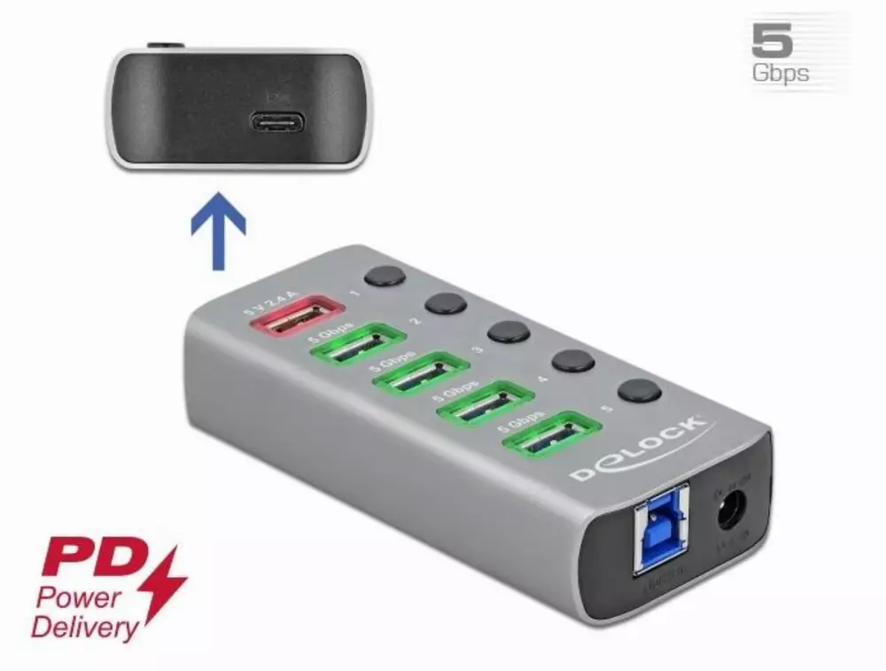 USB хъб Type-C Delock 42638, 4 x USB-A, 1 Fast Charging Port, 1 x USB-B, 1 x USB-C PD, Подсветка, Сив