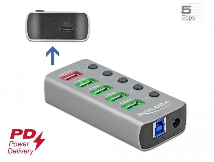 USB хъб Type-C Delock 42638, 4 x USB-A, 1 Fast Charging Port, 1 x USB-B, 1 x USB-C PD, Подсветка, Сив