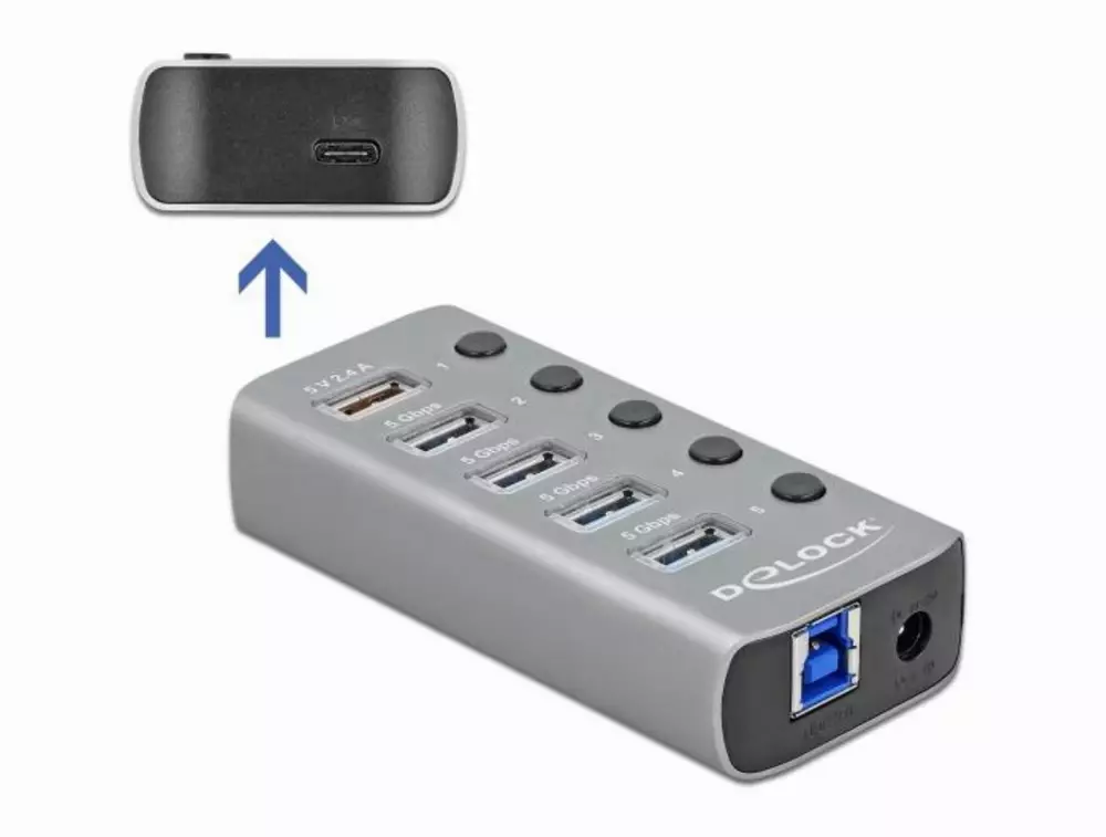 USB хъб Type-C Delock 42638, 4 x USB-A, 1 Fast Charging Port, 1 x USB-B, 1 x USB-C PD, Подсветка, Сив