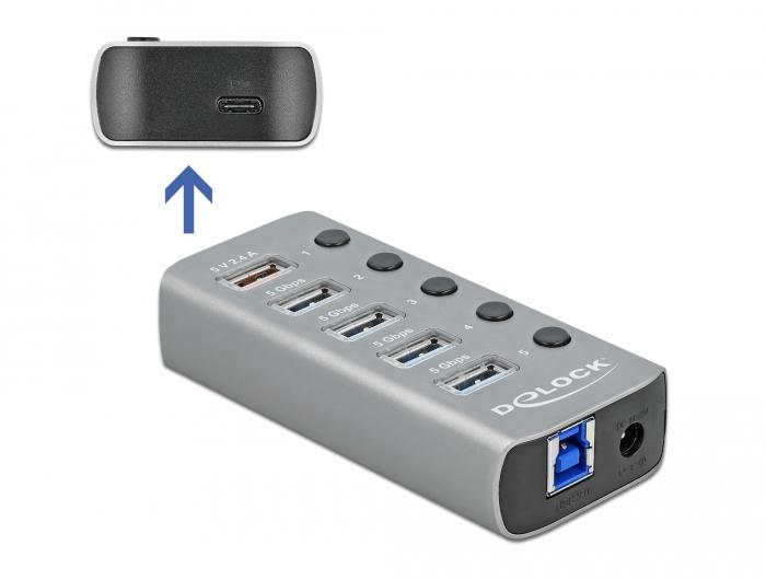 USB хъб Type-C Delock 42638, 4 x USB-A, 1 Fast Charging Port, 1 x USB-B, 1 x USB-C PD, Подсветка, Сив