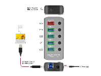 USB хъб Type-C Delock 42638, 4 x USB-A, 1 Fast Charging Port, 1 x USB-B, 1 x USB-C PD, Подсветка, Сив