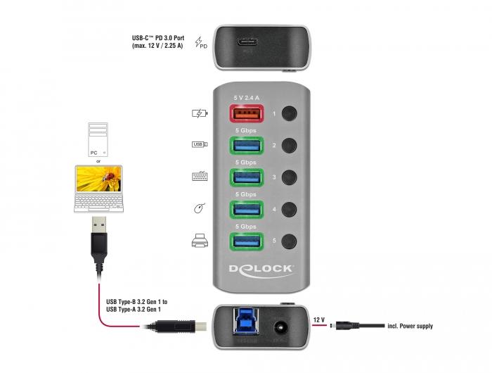 USB хъб Type-C Delock 42638, 4 x USB-A, 1 Fast Charging Port, 1 x USB-B, 1 x USB-C PD, Подсветка, Сив