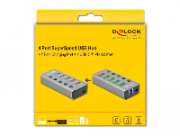 USB хъб Type-C Delock 42638, 4 x USB-A, 1 Fast Charging Port, 1 x USB-B, 1 x USB-C PD, Подсветка, Сив