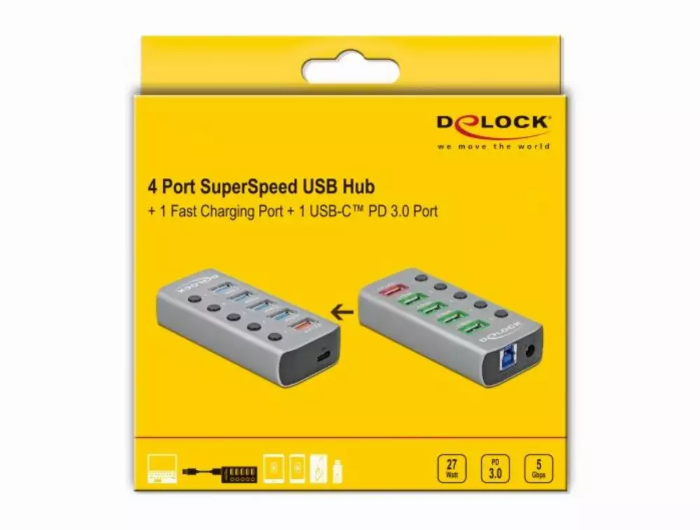 USB хъб Type-C Delock 42638, 4 x USB-A, 1 Fast Charging Port, 1 x USB-B, 1 x USB-C PD, Подсветка, Сив