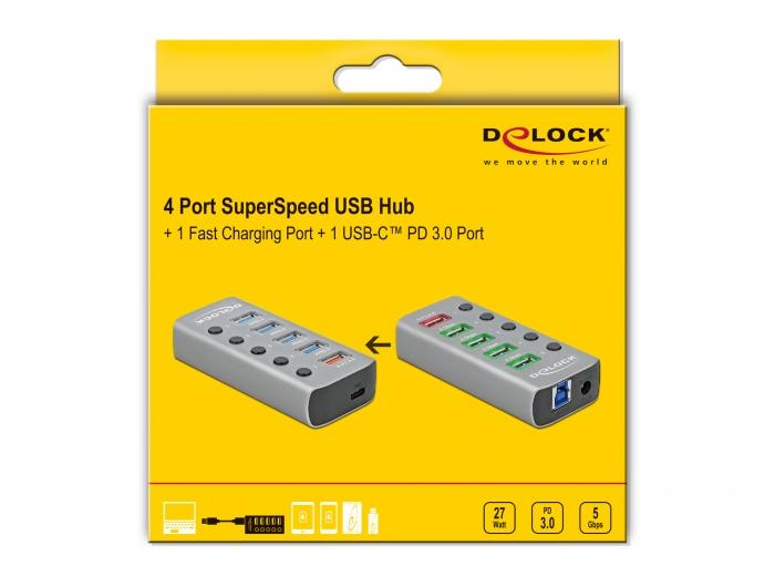 USB хъб Type-C Delock 42638, 4 x USB-A, 1 Fast Charging Port, 1 x USB-B, 1 x USB-C PD, Подсветка, Сив