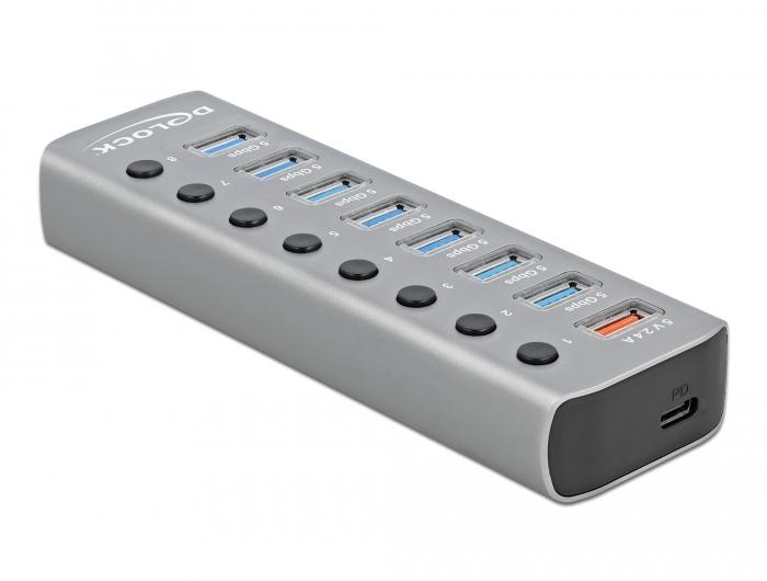 USB хъб Type-C Delock 63264, 7 x USB-A, 1 Fast Charging Port, 1 x USB-B, 1 x USB-C PD, Подсветка, Сив