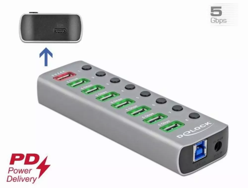 USB хъб Type-C Delock 63264, 7 x USB-A, 1 Fast Charging Port, 1 x USB-B, 1 x USB-C PD, Подсветка, Сив