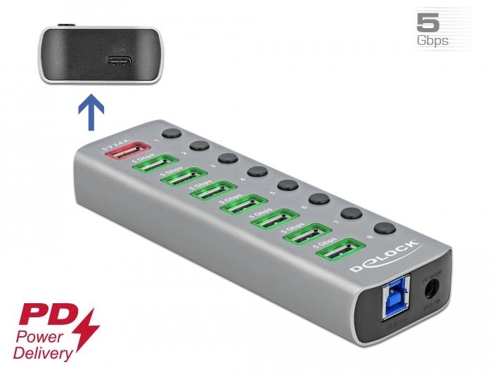 USB хъб Type-C Delock 63264, 7 x USB-A, 1 Fast Charging Port, 1 x USB-B, 1 x USB-C PD, Подсветка, Сив