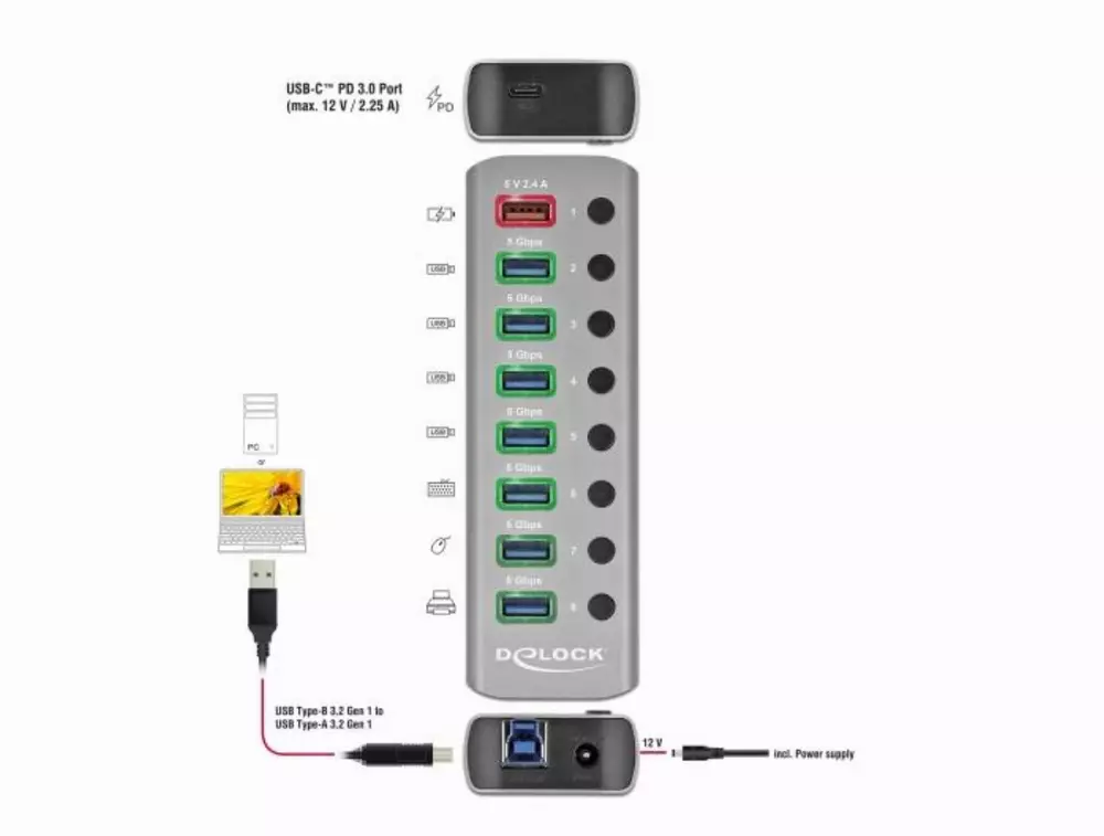 USB хъб Type-C Delock 63264, 7 x USB-A, 1 Fast Charging Port, 1 x USB-B, 1 x USB-C PD, Подсветка, Сив