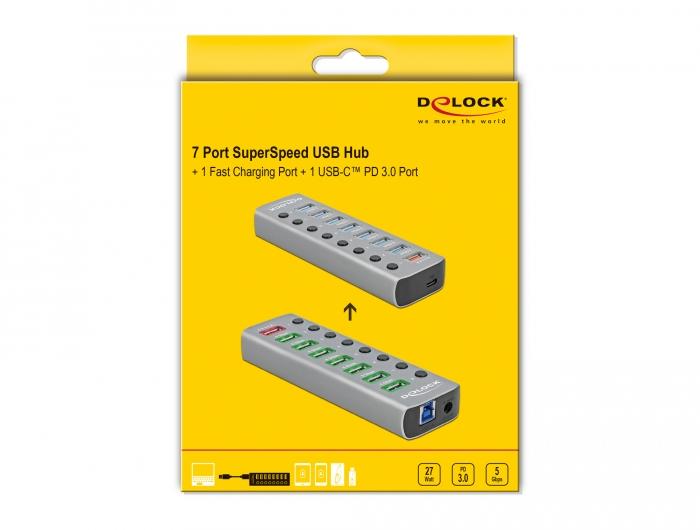 USB хъб Type-C Delock 63264, 7 x USB-A, 1 Fast Charging Port, 1 x USB-B, 1 x USB-C PD, Подсветка, Сив
