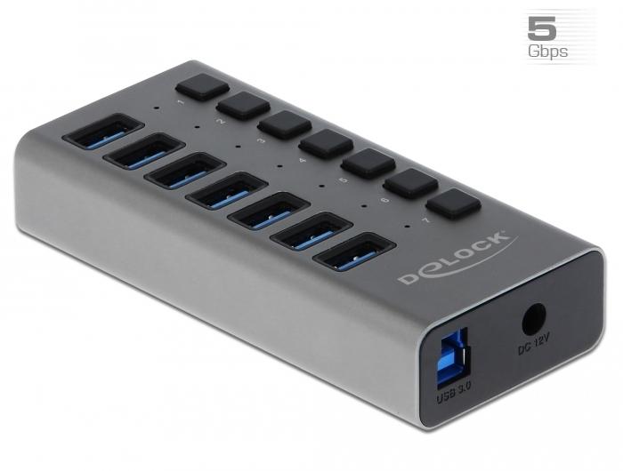 USB хъб Delock 63669, 7 x USB-A, 1 x USB-B, 5 Gbps, Превключвател, LED индикатор, Сив
