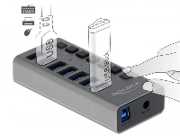 USB хъб Delock 63669, 7 x USB-A, 1 x USB-B, 5 Gbps, Превключвател, LED индикатор, Сив