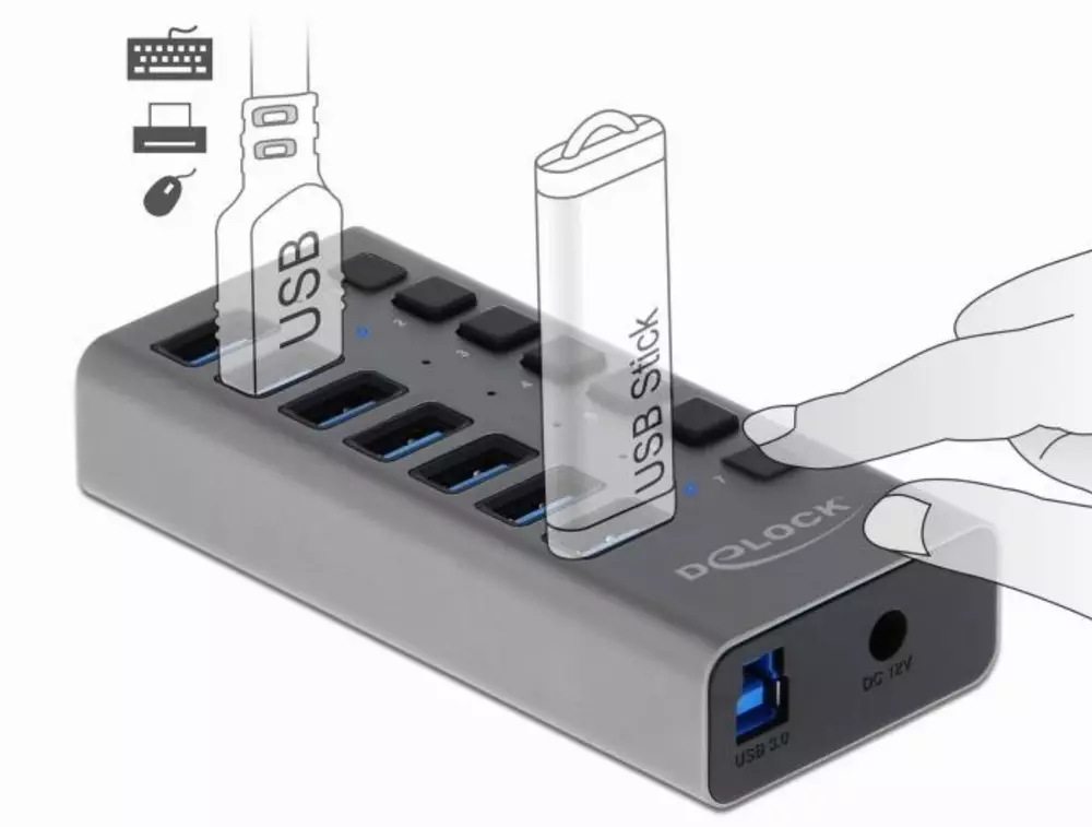 USB хъб Delock 63669, 7 x USB-A, 1 x USB-B, 5 Gbps, Превключвател, LED индикатор, Сив