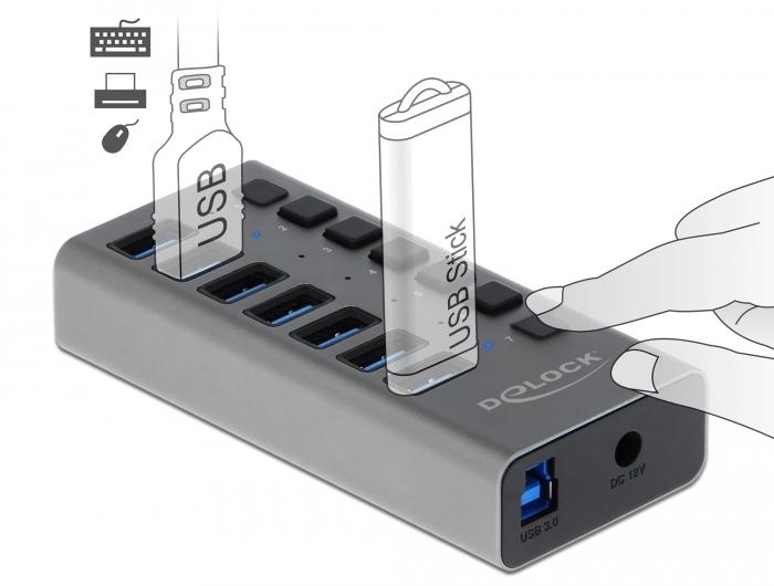 USB хъб Delock 63669, 7 x USB-A, 1 x USB-B, 5 Gbps, Превключвател, LED индикатор, Сив