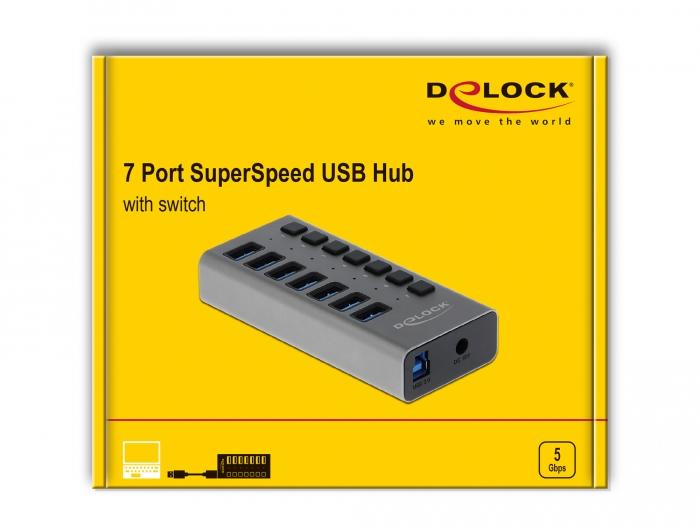 USB хъб Delock 63669, 7 x USB-A, 1 x USB-B, 5 Gbps, Превключвател, LED индикатор, Сив
