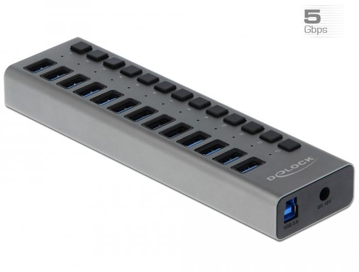 Hub USB Delock 63738, 13 x USB-A, 1 x USB-B, 5 Gbps, Interrupteur, Indicateur LED, Gris