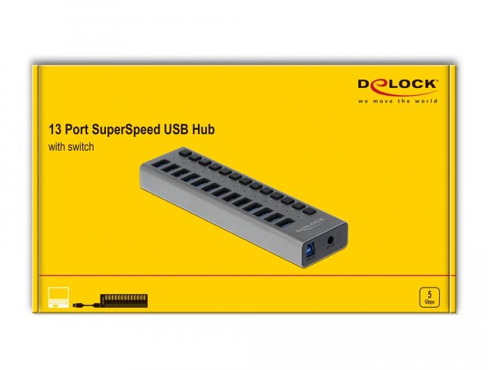 Hub USB Delock 63738, 13 x USB-A, 1 x USB-B, 5 Gbps, Interrupteur, Indicateur LED, Gris