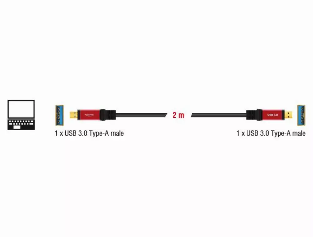 Кабел Delock 82745, USB-A мъжко - USB-А мъжко, 2 м, Premium, Екраниран, Черен