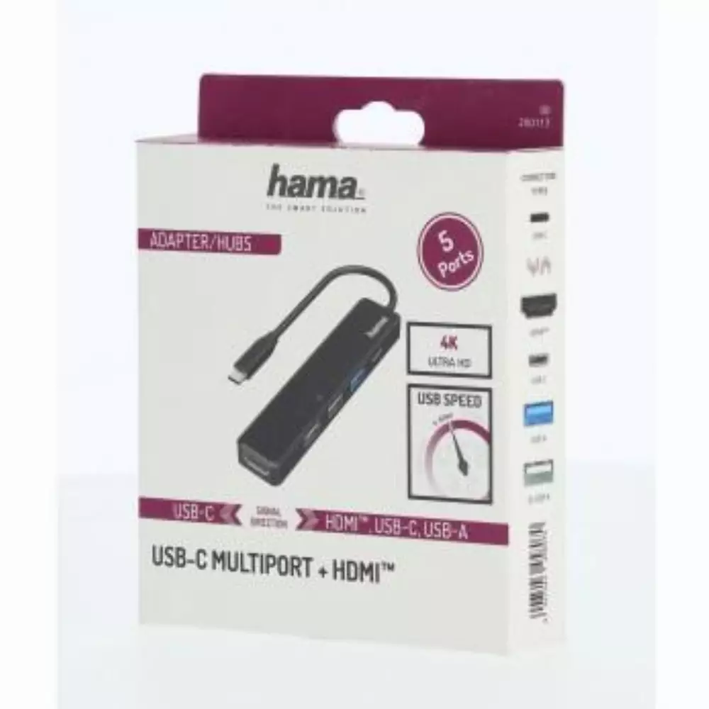 5-портов хъб HAMA 200117, 3 x USB-A, 1 x USB-C, 1 x HDMI, 4К, Черен