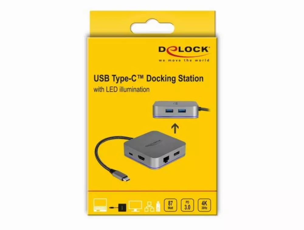 Докинг станция Delock 87742, USB-A, USN-C, HDMI, Gigabit LAN, PD, Подсветка, Сив