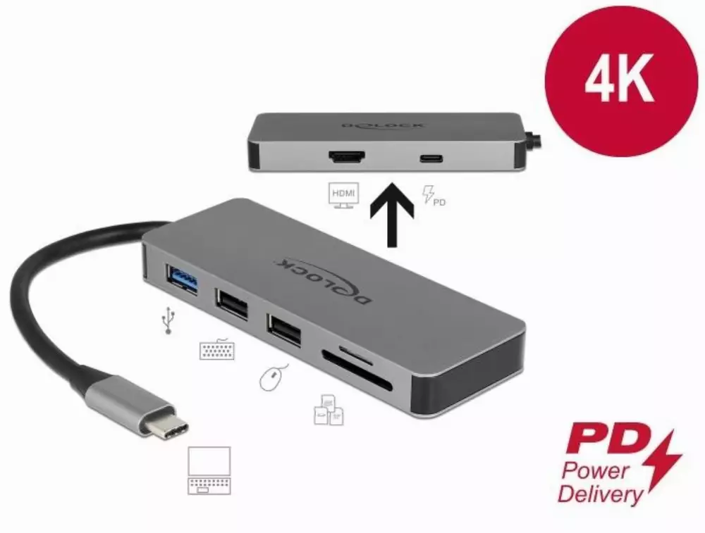 Докинг станция Delock 87743, USB-A, USN-C, HDMI, SD, Micro SD, PD, 4K, Подсветка, Сив
