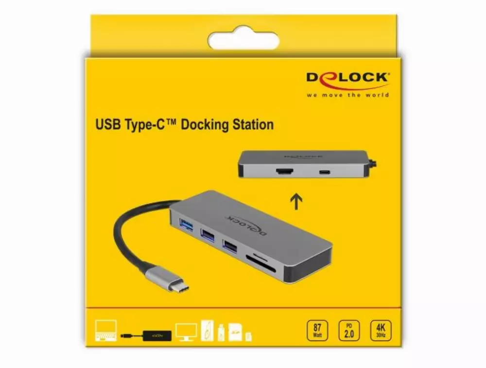 Докинг станция Delock 87743, USB-A, USN-C, HDMI, SD, Micro SD, PD, 4K, Подсветка, Сив