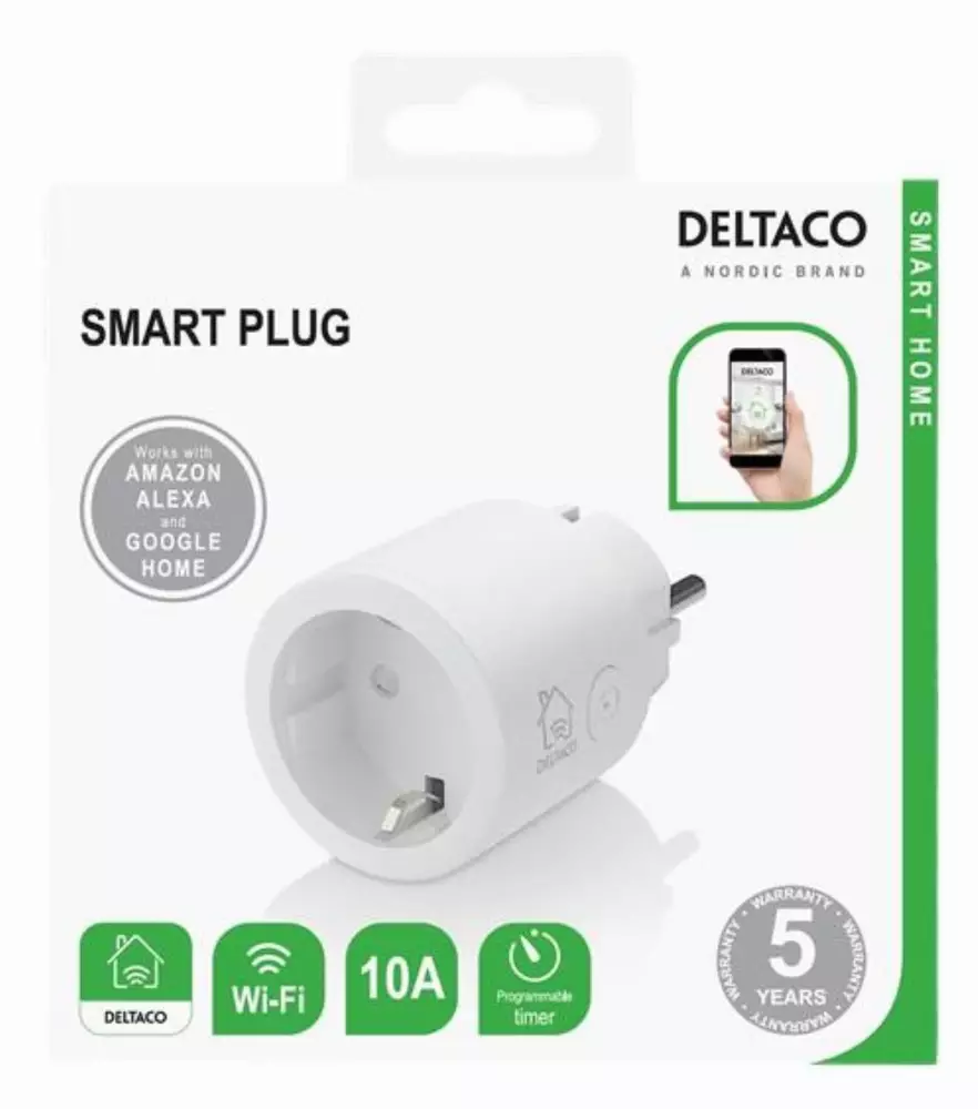 Смарт контакт DELTACO SH-P01, Google Assistant, Alexa, 10А, WiFi 2.4Ghz, 1xCEE 7/3, Бял