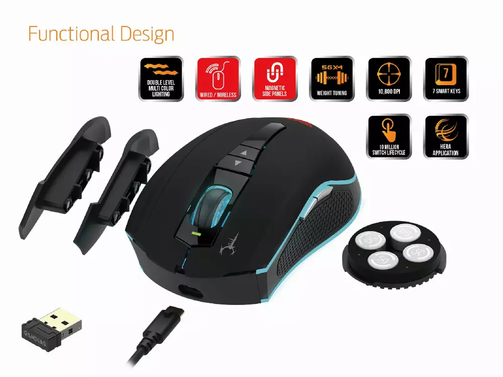 Геймърска мишка Gamdias - HADES M1 - 10800dpi, Wired and Wireless, RGB, weight tunning