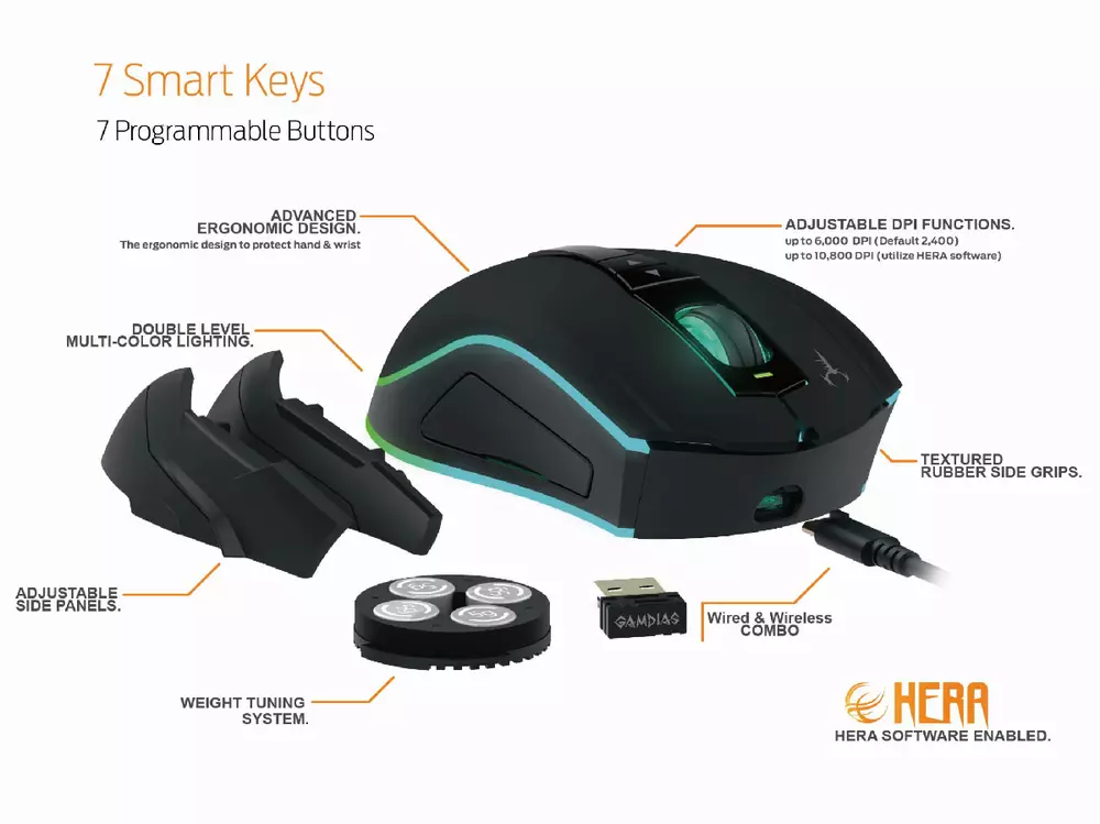 Геймърска мишка Gamdias - HADES M1 - 10800dpi, Wired and Wireless, RGB, weight tunning