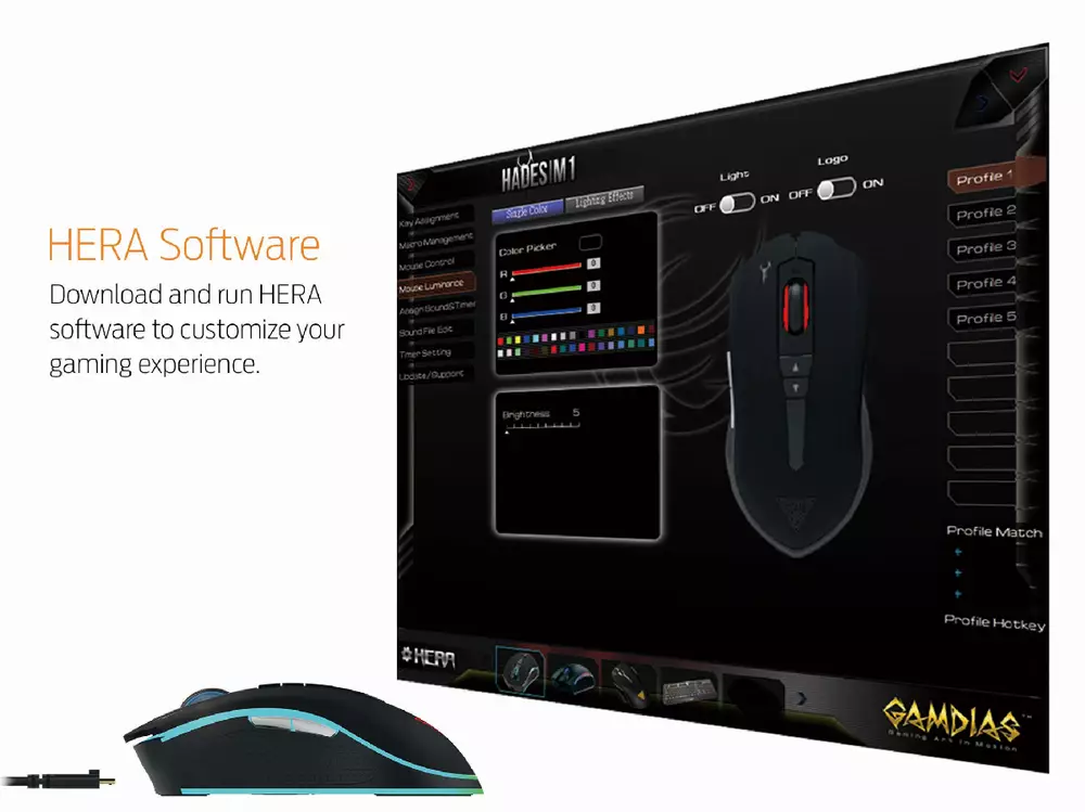 Геймърска мишка Gamdias - HADES M1 - 10800dpi, Wired and Wireless, RGB, weight tunning