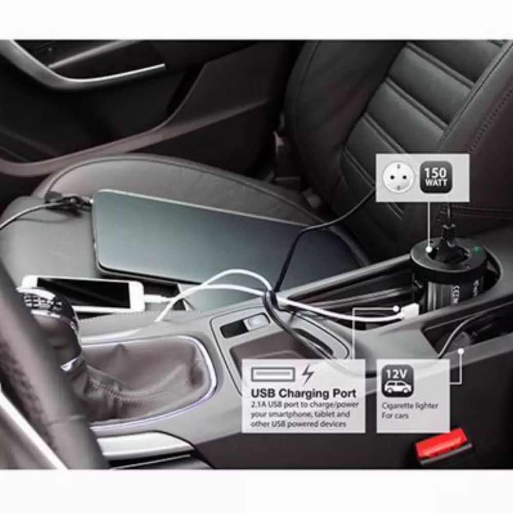 Инвертор Ewent EW3990 DC/AC 12V - 230V 150W USB 2.1 A Сребрист