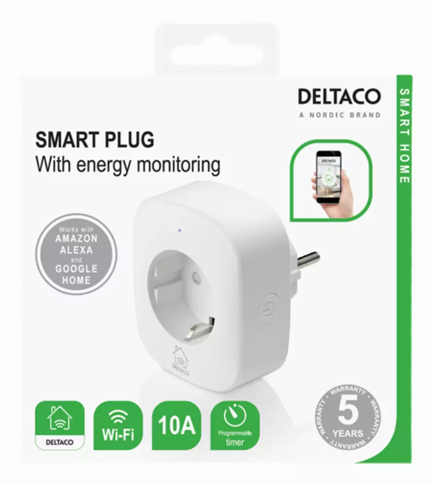 Смарт контакт DELTACO SH-P01E, Google Assistant, Alexa, 10А, WiFi 2.4Ghz, 1xCEE 7/3, Следене на консумация, Бял