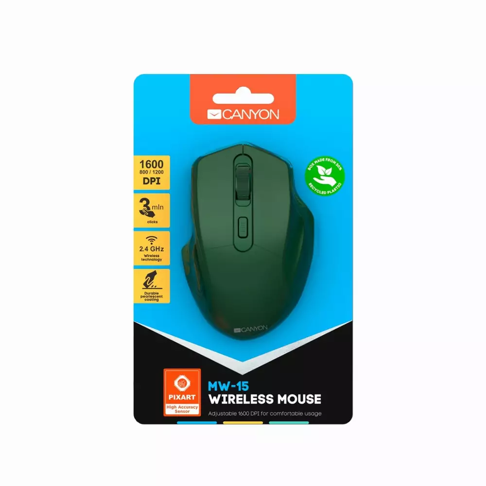 Мишка CANYON MW-15 Optical Wireless Green Безжична - CNE-CMSW15SM