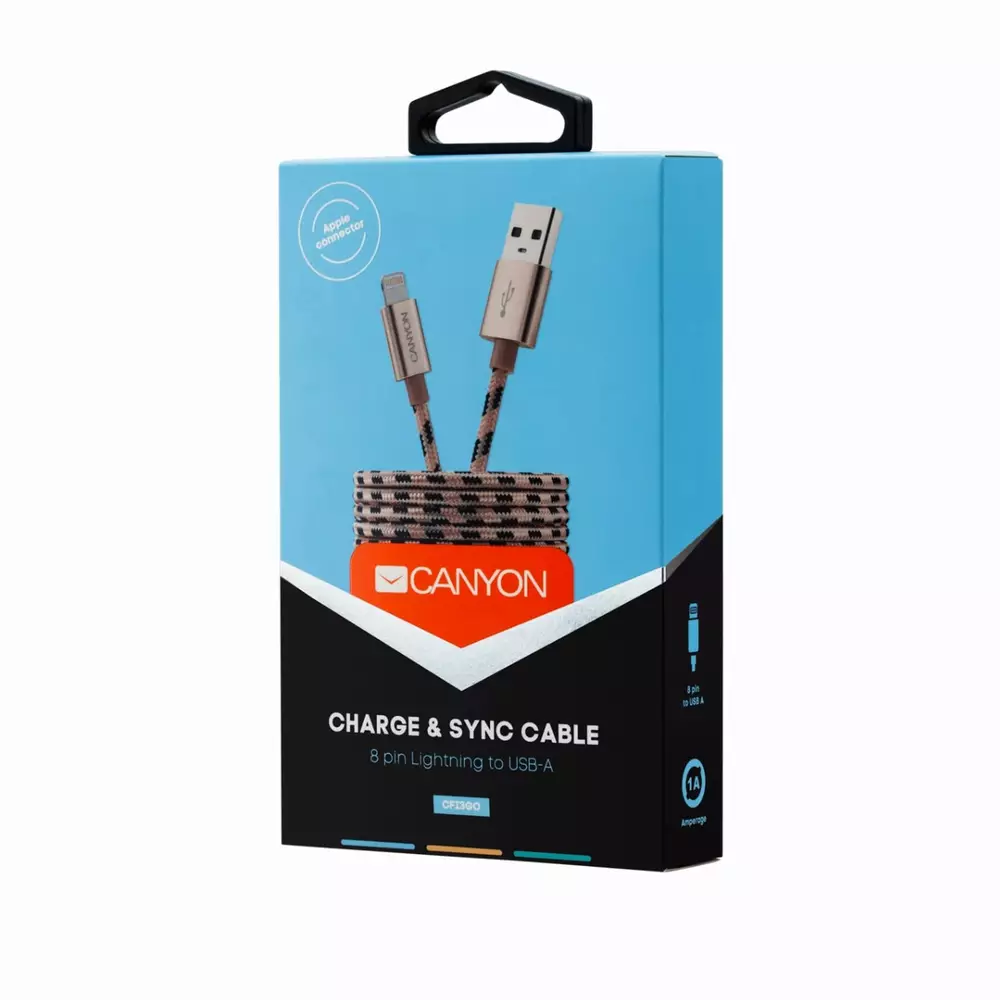Кабел за зареждане и синхронизация Canyon, 8 pin Lightning мъжко към USB мъжко, 1m - CNE-CFI3DG