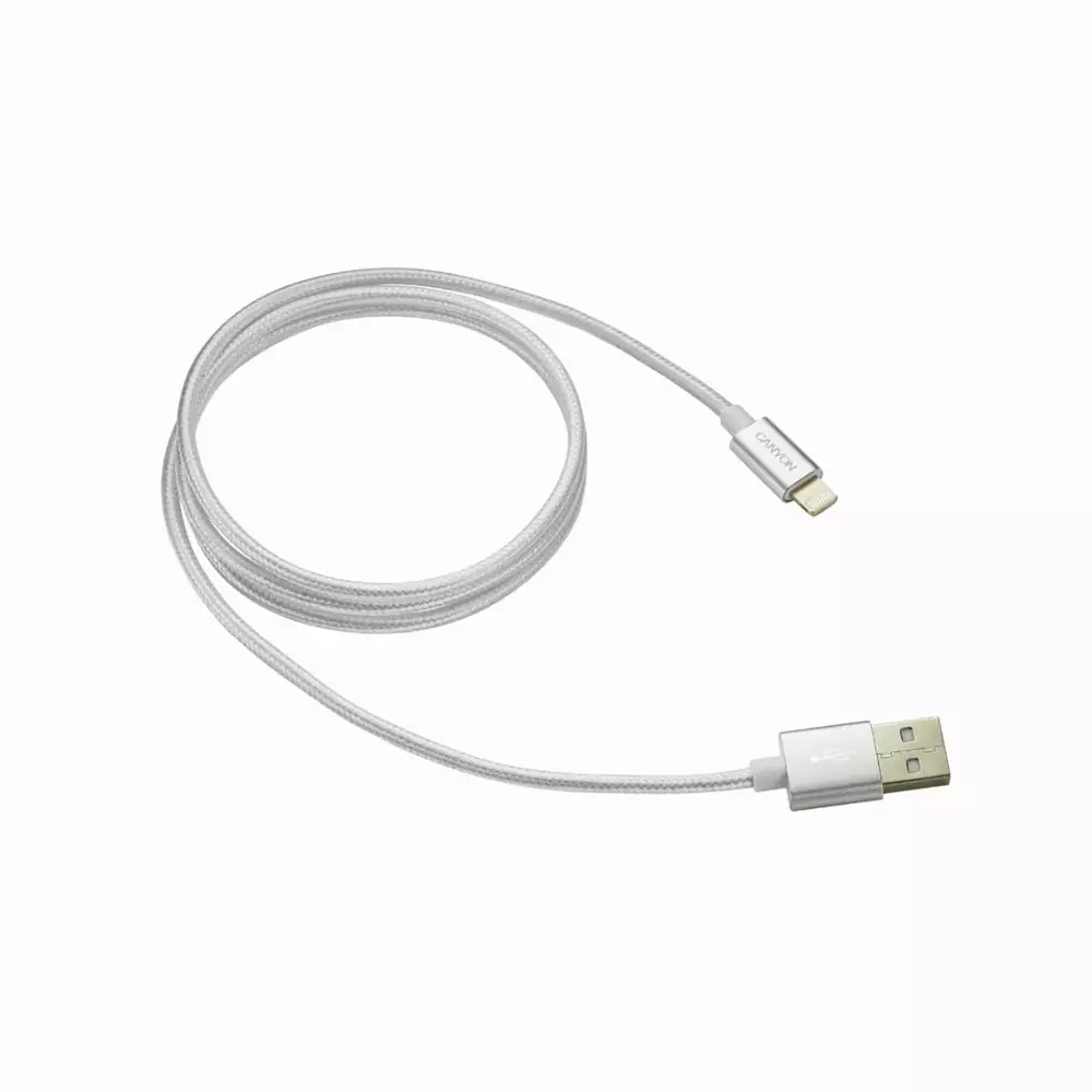 Кабел за зареждане и синхронизация Canyon, 8 pin Lightning мъжко към USB мъжко, 1m - CNE-CFI3PW