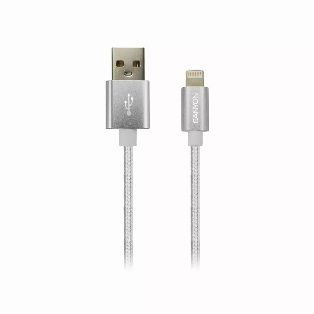 Кабел за зареждане и синхронизация Canyon, 8 pin Lightning мъжко към USB мъжко, 1m - CNE-CFI3PW