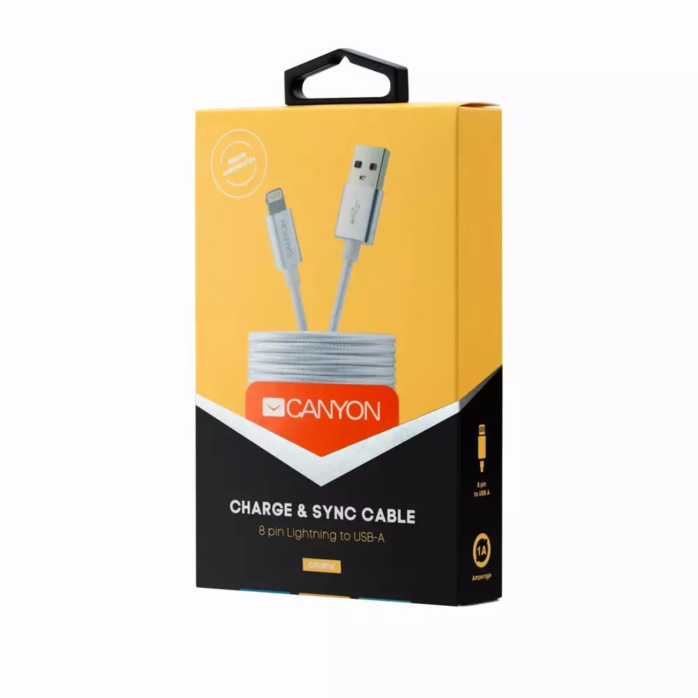 Кабел за зареждане и синхронизация Canyon, 8 pin Lightning мъжко към USB мъжко, 1m - CNE-CFI3PW