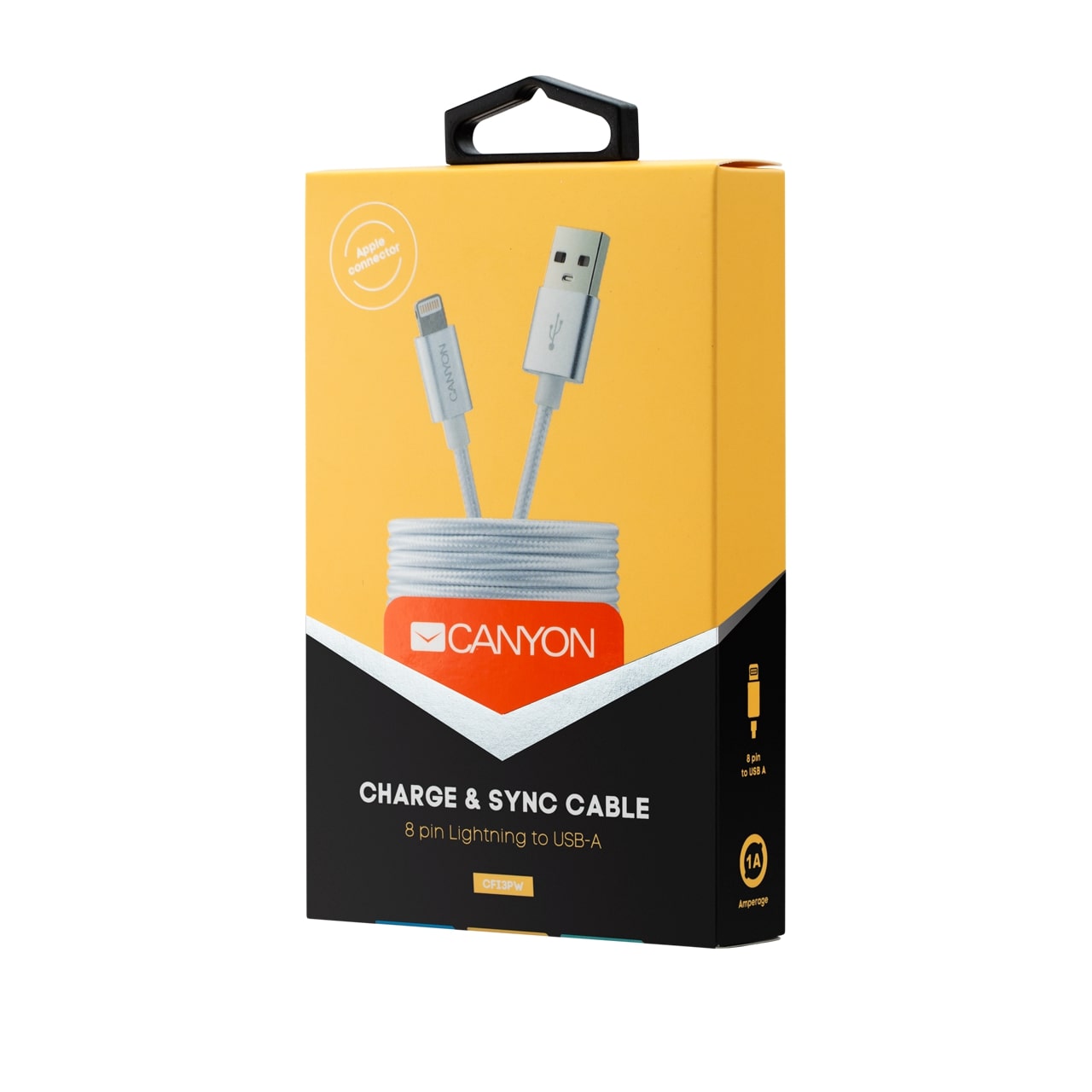 Кабел за зареждане и синхронизация Canyon, 8 pin Lightning мъжко към USB мъжко, 1m - CNE-CFI3PW