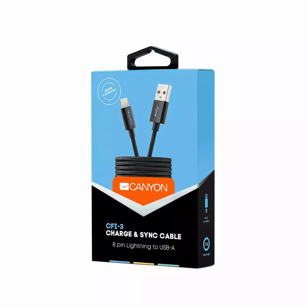 Кабел за зареждане и синхронизация Canyon, 8 pin Lightning мъжко към USB мъжко, 1m - CNE-CFI3B
