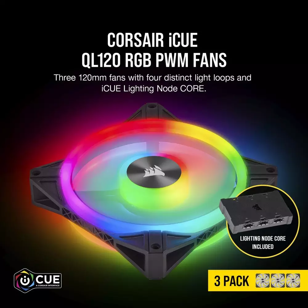 Вентилатори Corsair iCUE QL120 RGB PWM 3 Fan Lightning Node Core Black - CO-9050098-WW