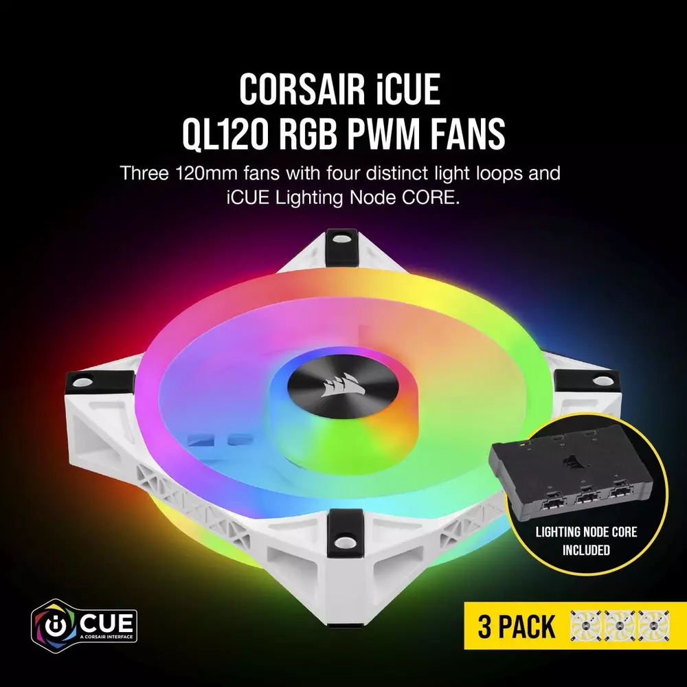 Вентилатори Corsair iCUE QL120 RGB PWM 3 Fan Lightning Node Core White - CO-9050104-WW
