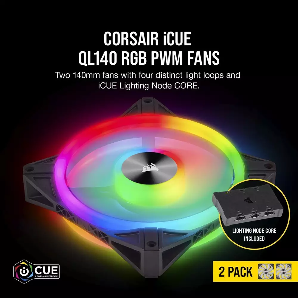 Вентилатори Corsair iCUE QL140 RGB PWM 2 Fan Lightning Node Core - CO-9050100-WW