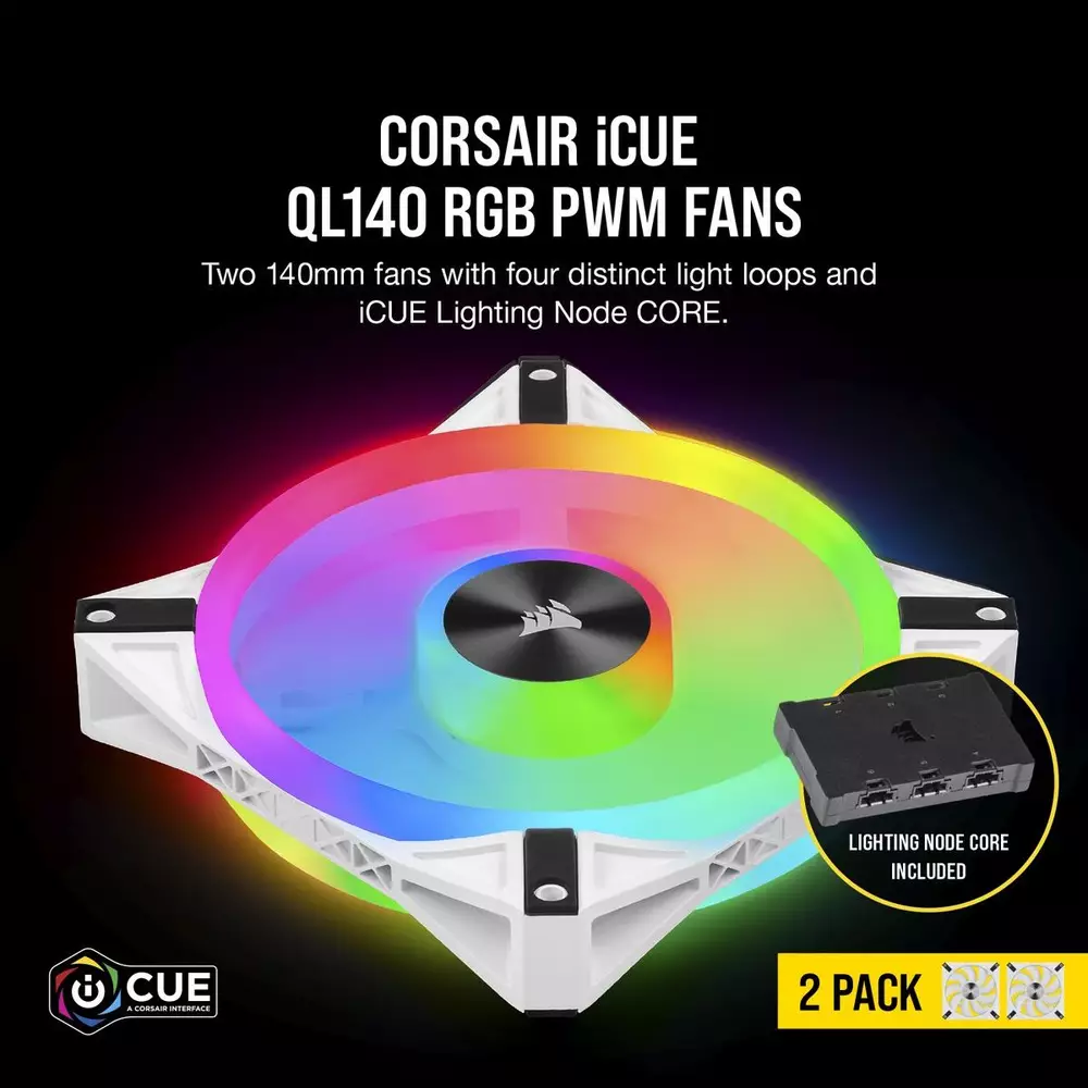 Вентилатори Corsair iCUE QL140 RGB PWM 2 Fan Lightning Node Core White - CO-9050106-WW
