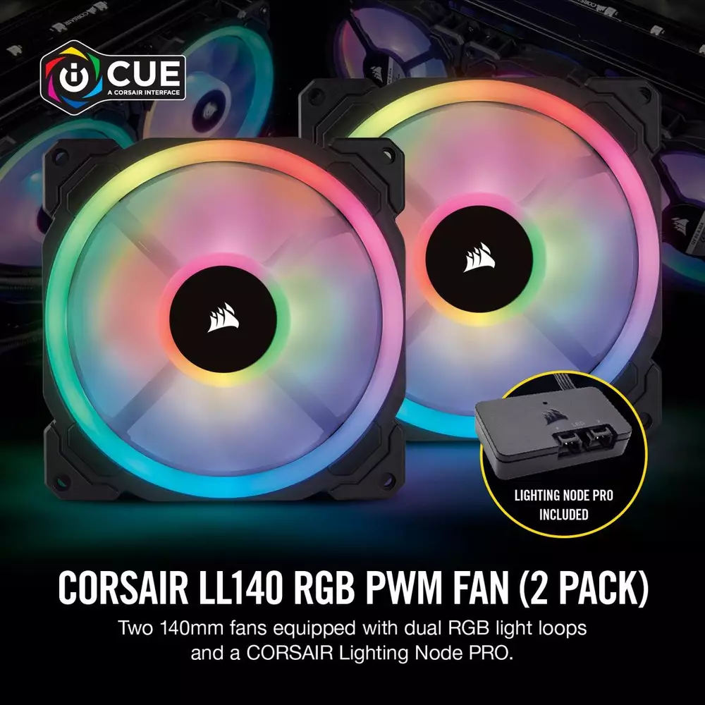 Вентилатори Corsair LL140 RGB PWM Dual Light Loop 2 Fan Lightning Node PRO Black - CO-9050074-WW